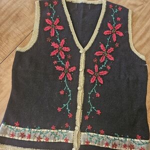 Embroidered pointsettia  Black Sweater Vest